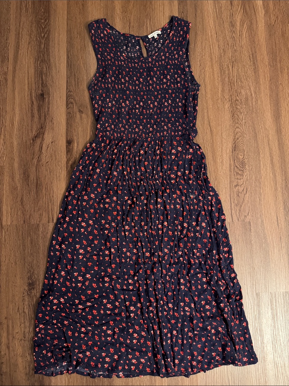 Navy Sleeveless Midi Dress with Red Floral Print